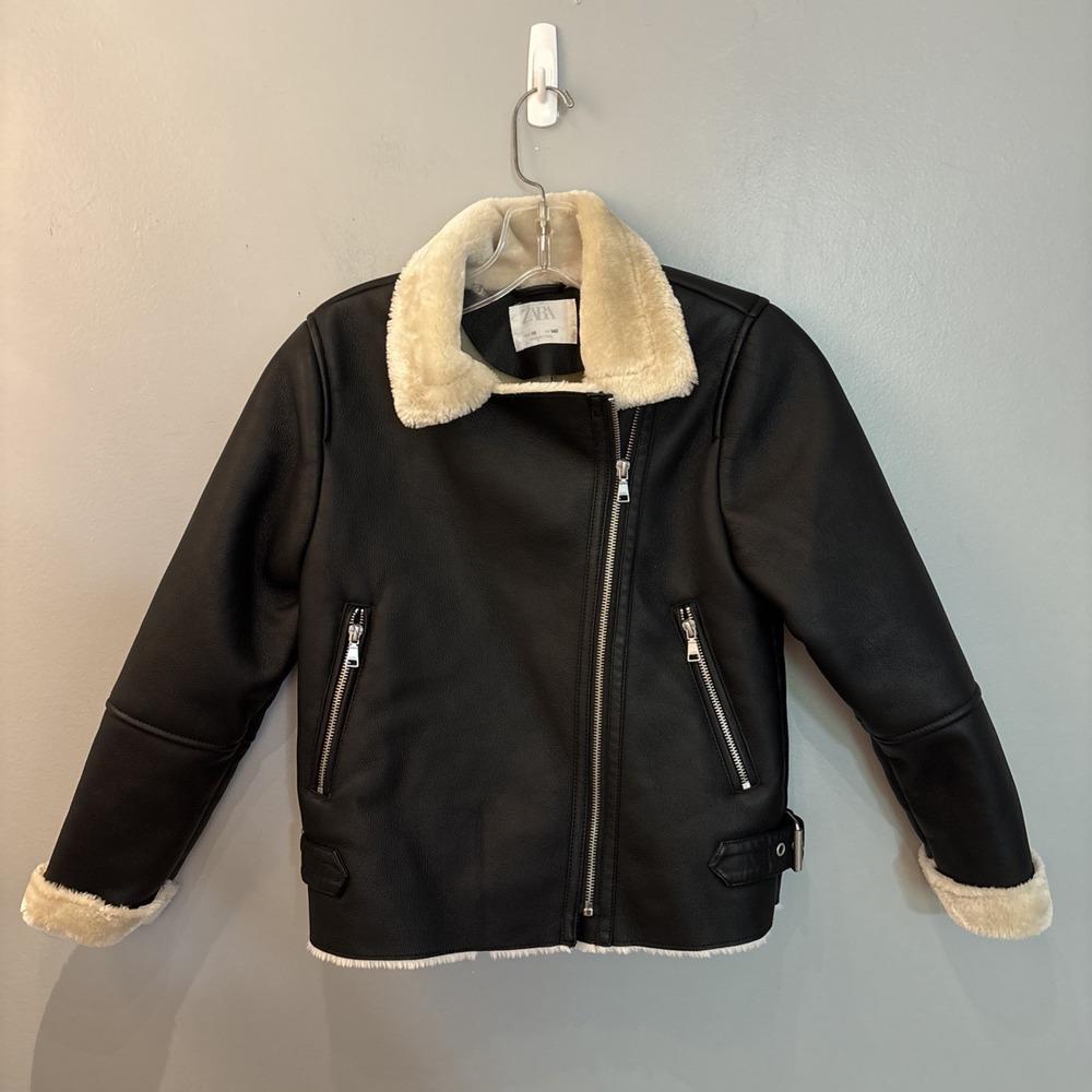 ZARA Girls Size 10 Black Leather Moto Biker Jacket Faux Shearling Lining Pockets